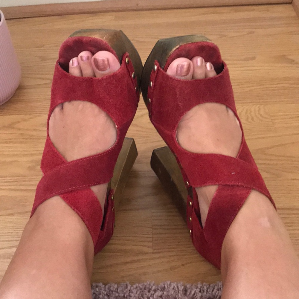 Kimchi Blue Red Velvet& Wood Platform Disco Shoes